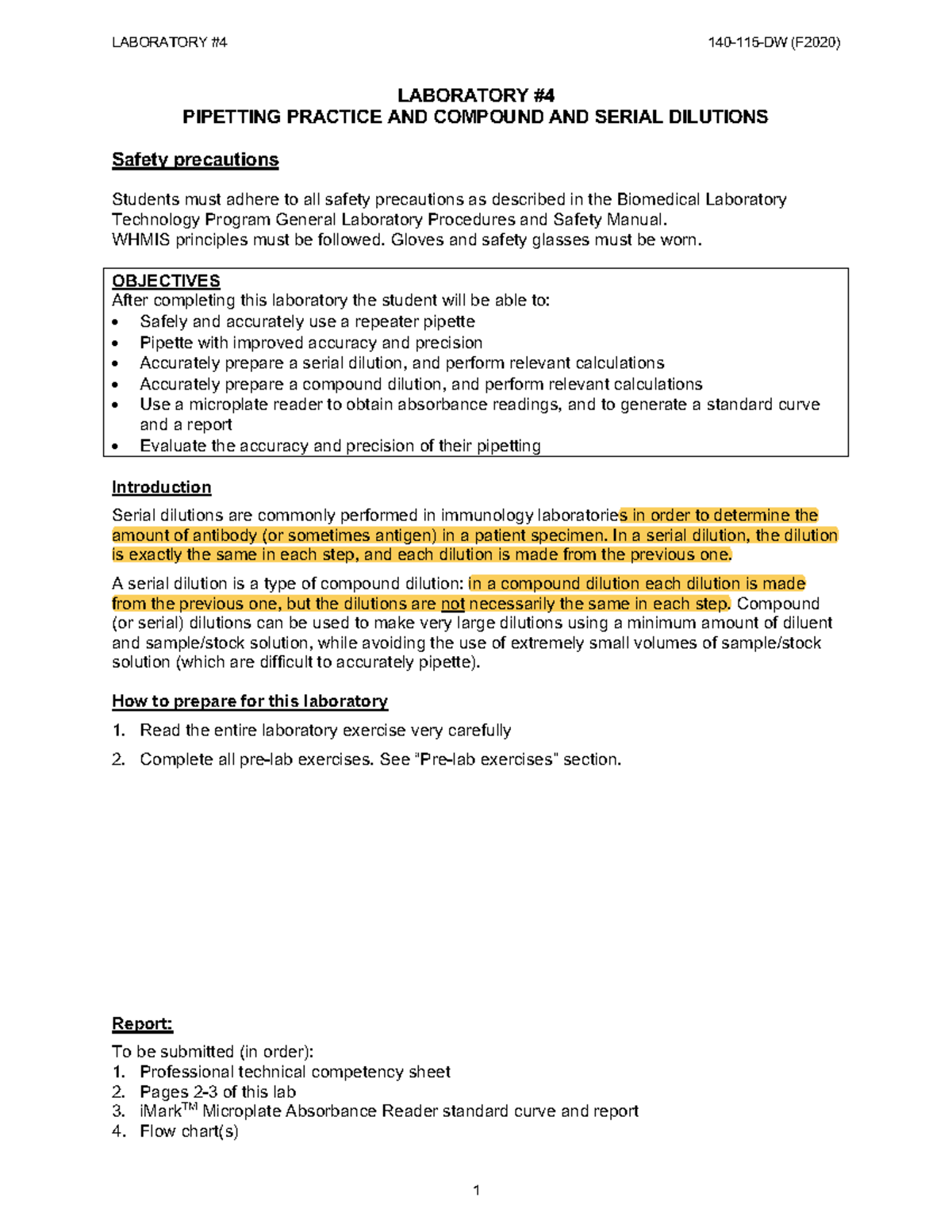 Lab 4 Pipetting practice and dilutions 140115DW Studocu