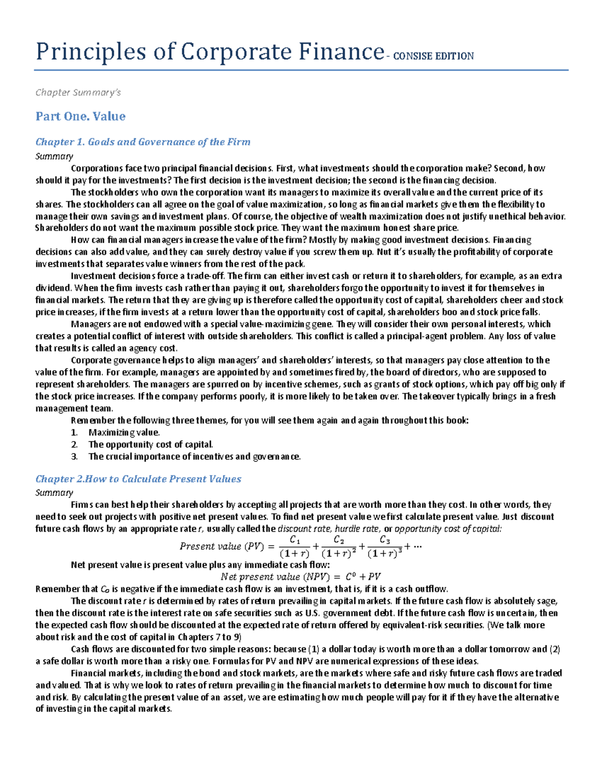 Summary Principles of Corporate Finance [Chapter Summarys ...