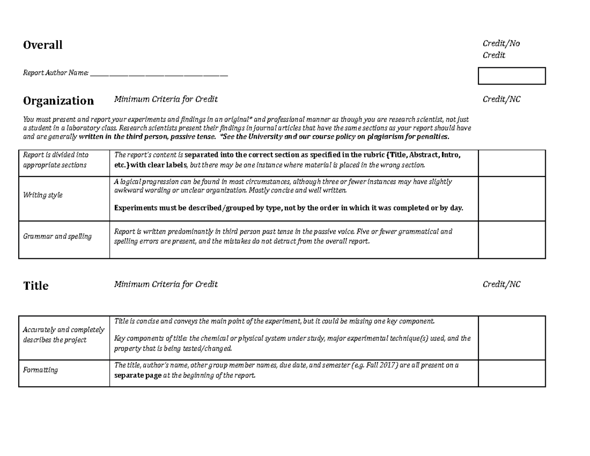 UWC Lab Report Rubric - Overall Credit/No Credit Report Author Name ...