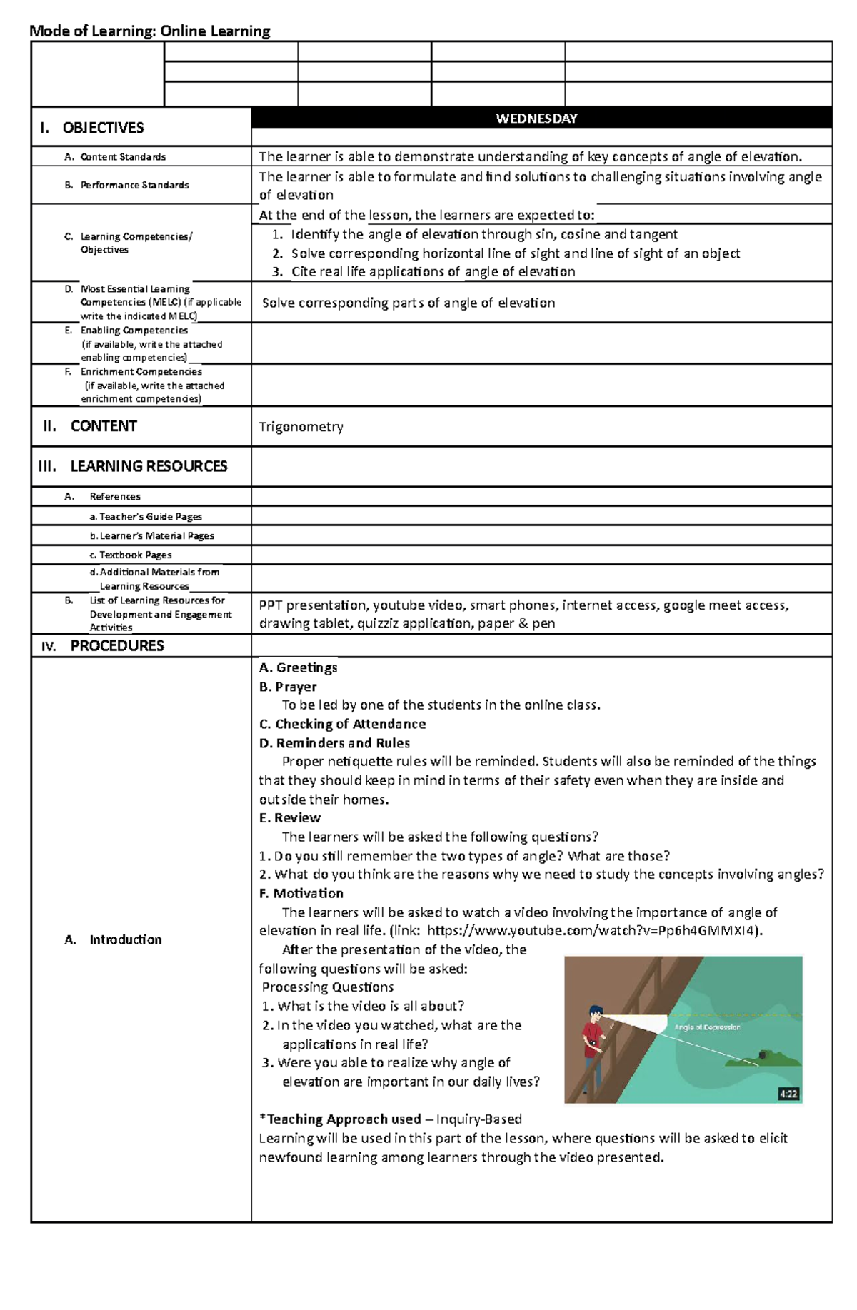 Daily Lesson Plan Angle Of Elevation Mode Of Learning Online