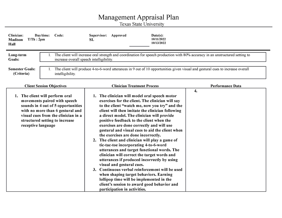 MAP template - example of management appraisal plan for clinical ...