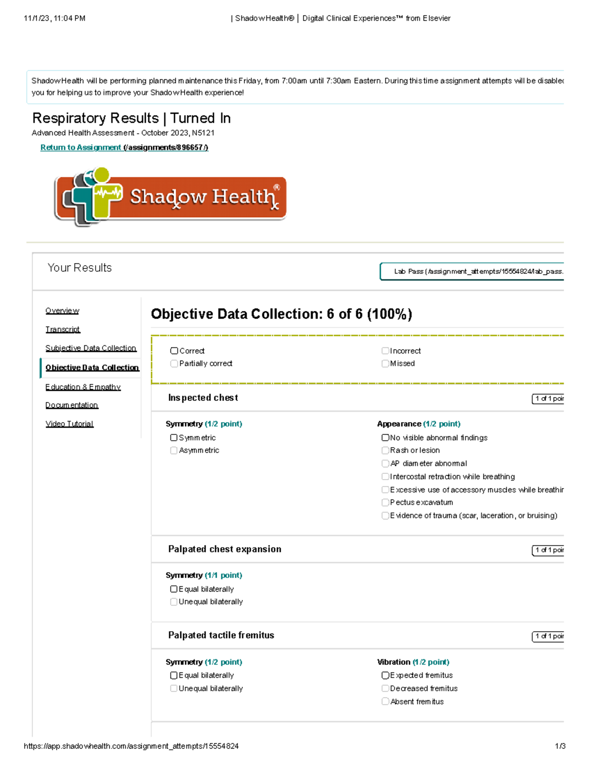 Objective Data Collection - 11/1/23, 11:04 PM | Shadow Health ...
