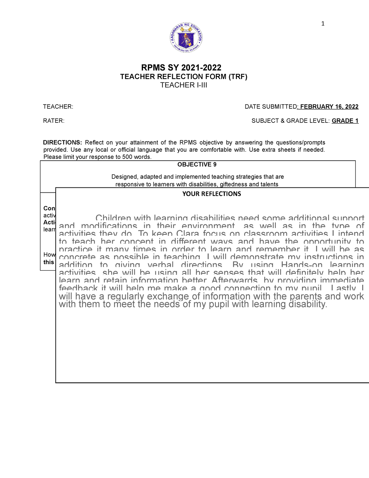 Trf For Beginning Teachers 1 RPMS SY 2021 TEACHER REFLECTION FORM 