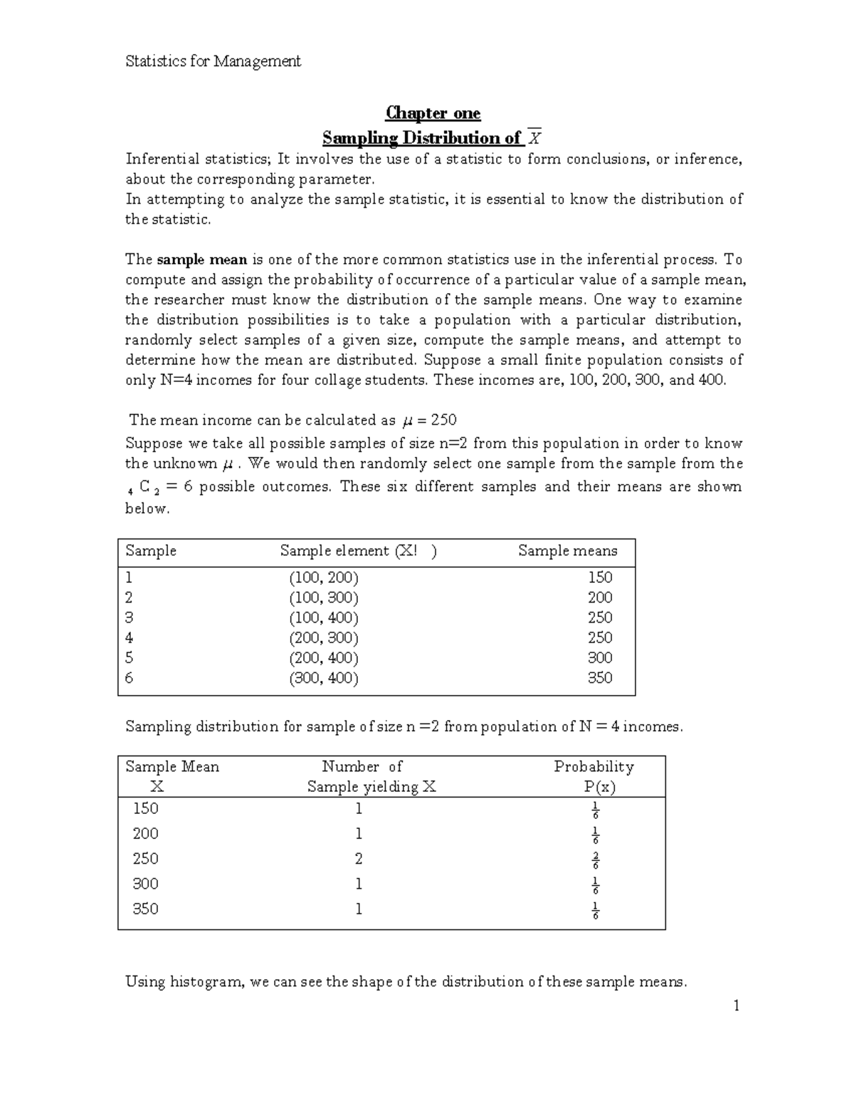 Statistics for Management - Chapter one Sampling Distribution of X ...