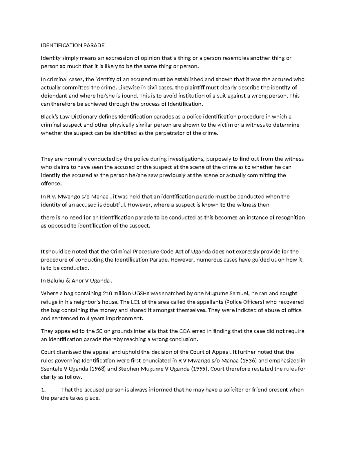 ID Parade Summary Law of evidence IDENTIFICATION PARADE Identity