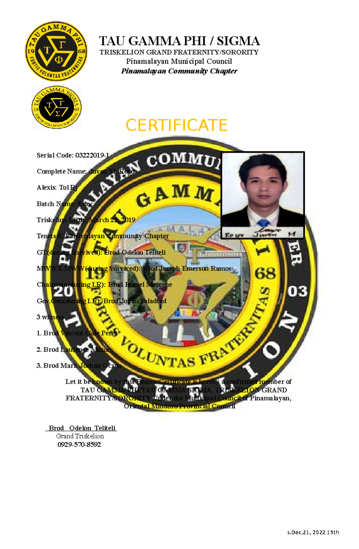 Col Juven Royo Information Documents For A Members Tau Gamma Phi