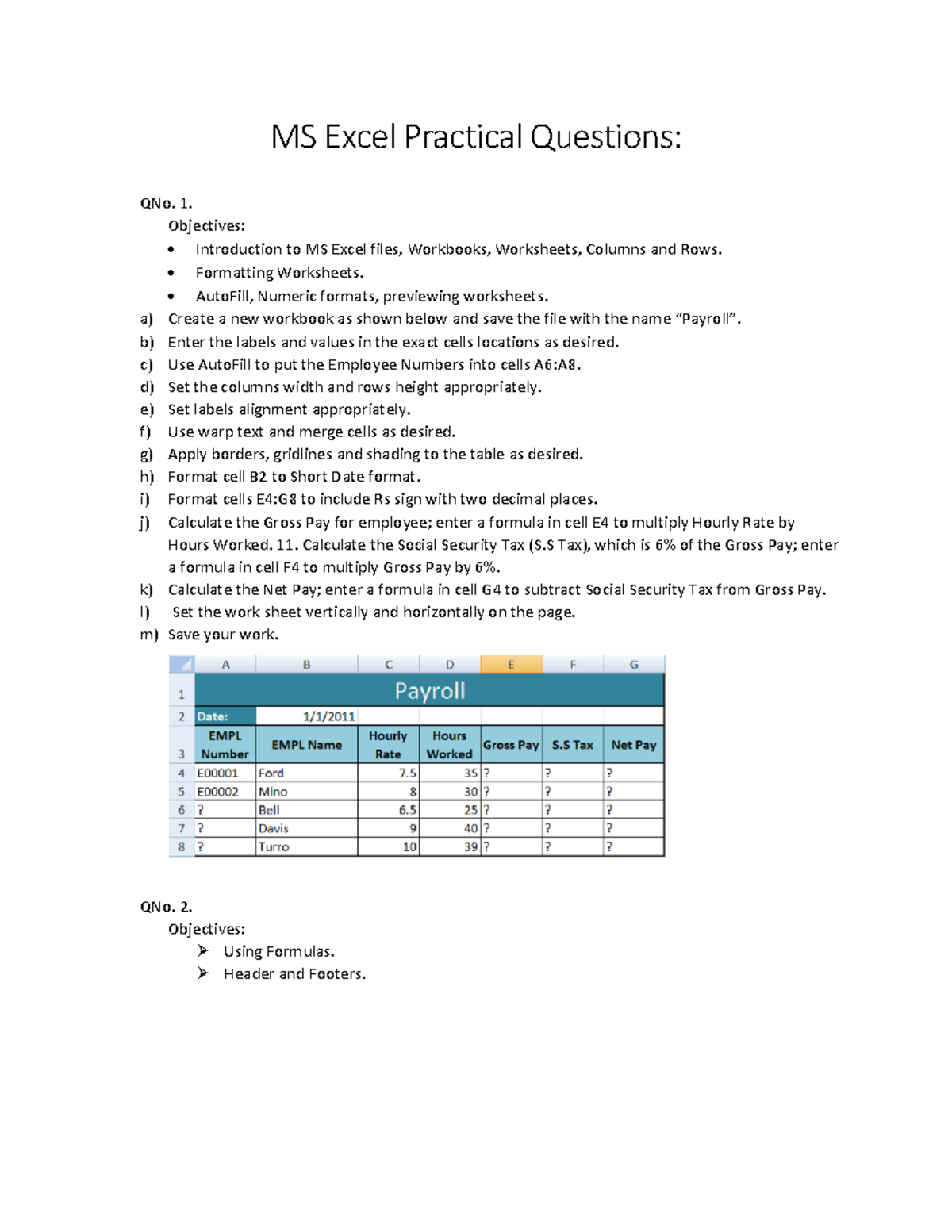 Excel Example Questions