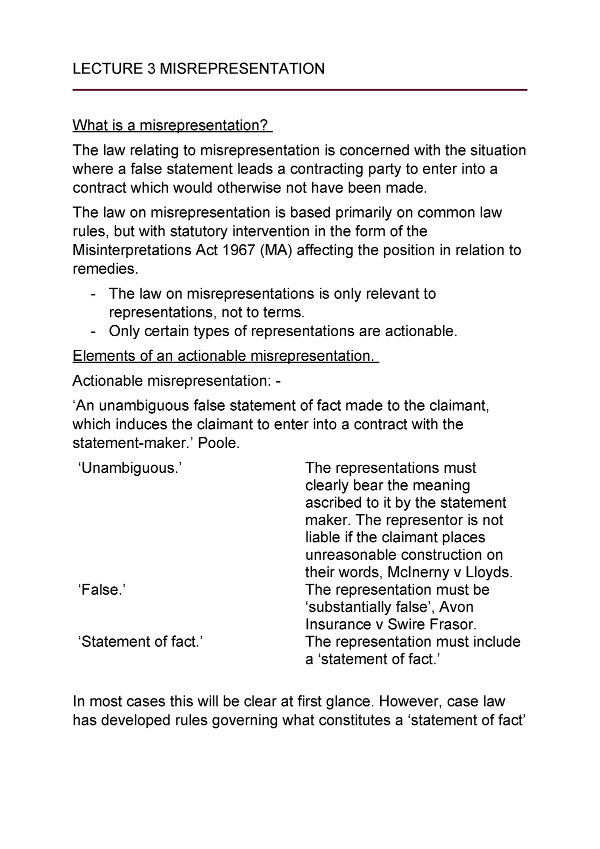 Lecture 3 Misrepresentation - LECTURE 3 MISREPRESENTATION What Is A ...