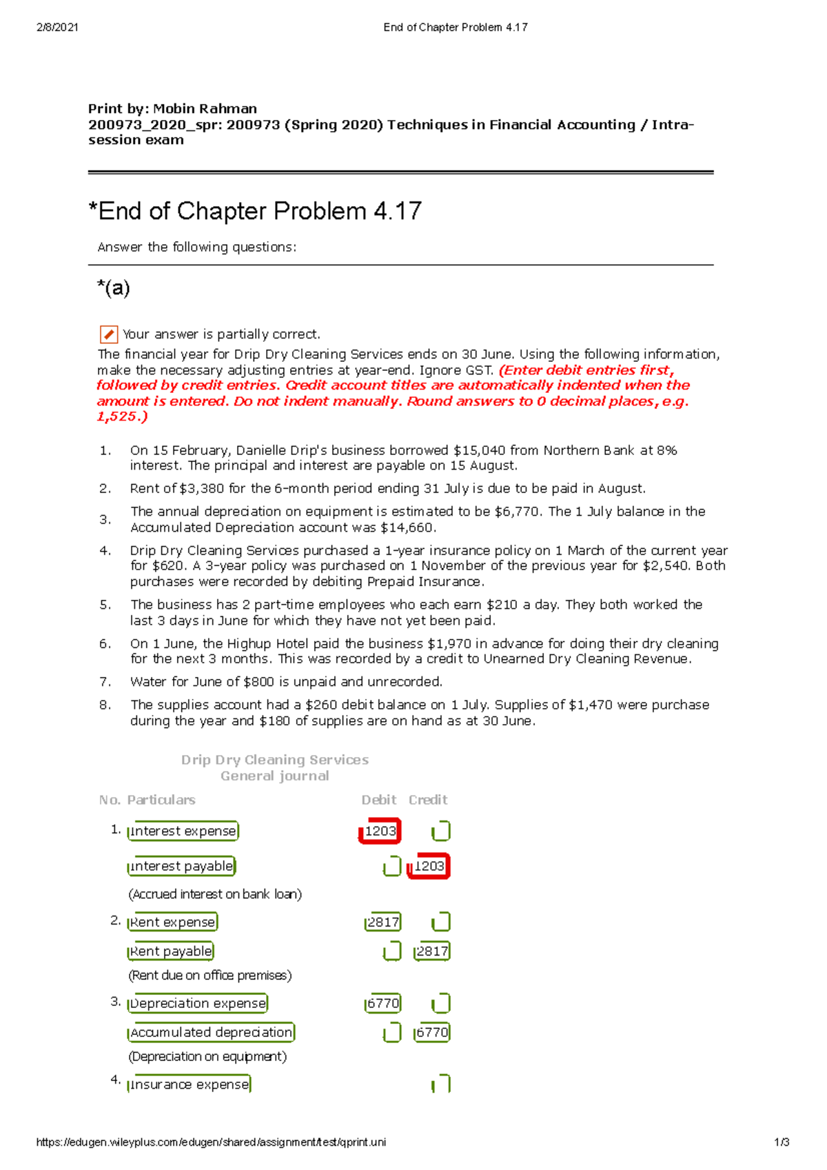 End of Chapter Problem 4 intra session exam - 2/8/2021 End of Chapter ...