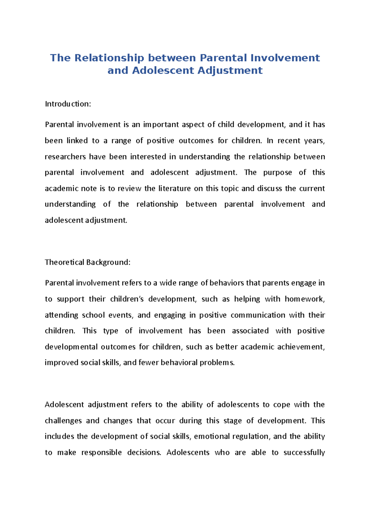 The Relationship between Parental Involvement and Adolescent Adjustment ...