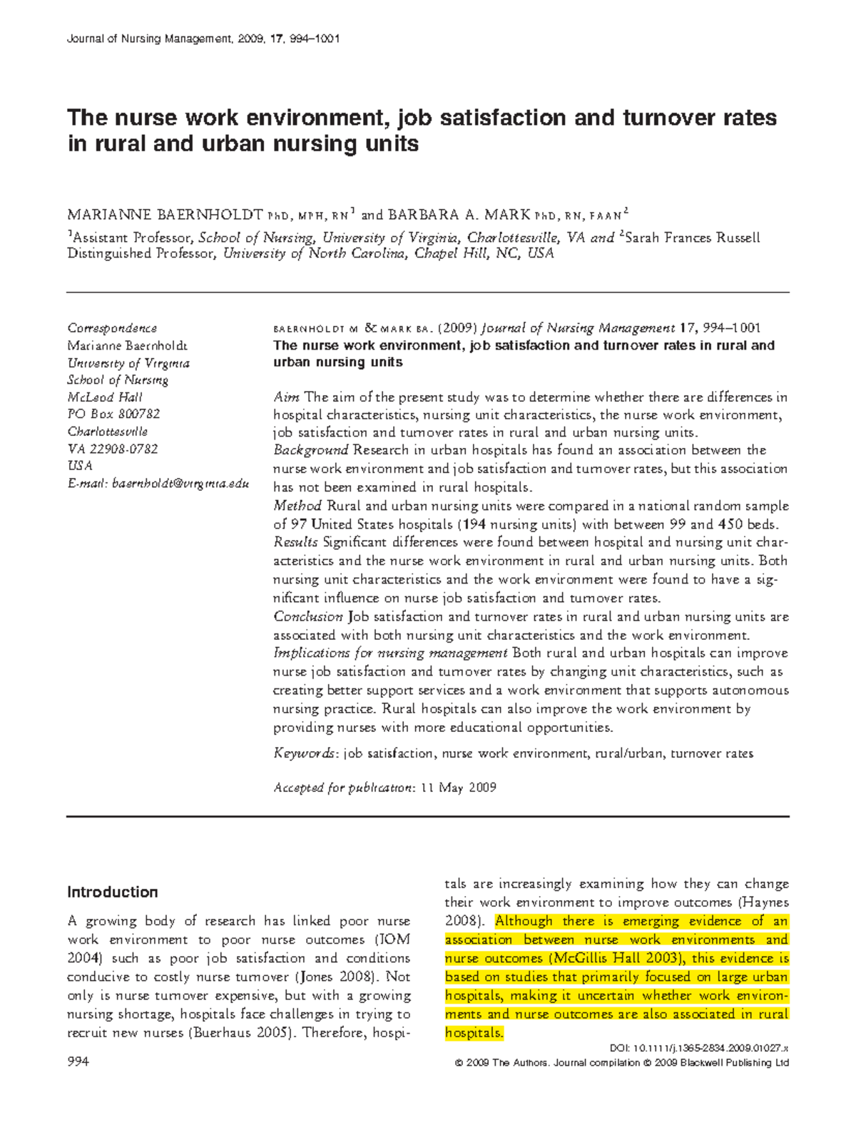The nurse work environment, job satisfaction and turnover rates in ...