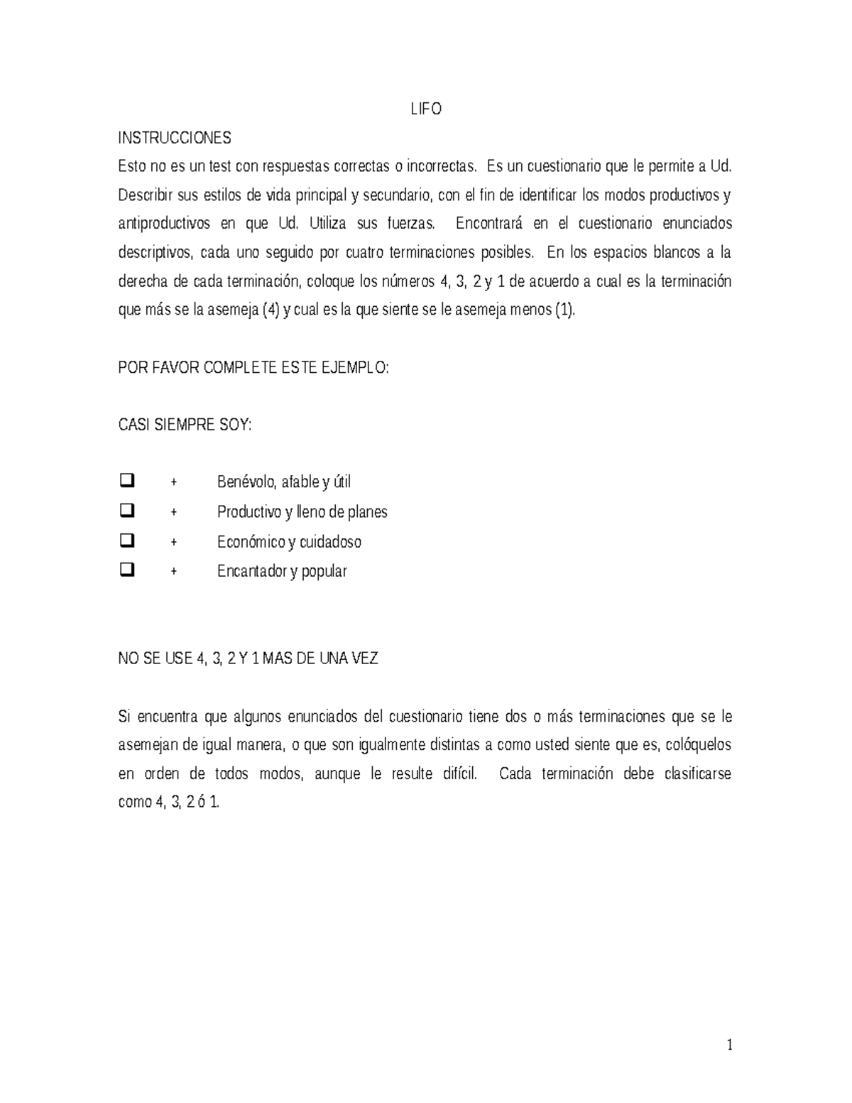 Cuestionario LIFO - LIFO INSTRUCCIONES Esto no es un test con ...