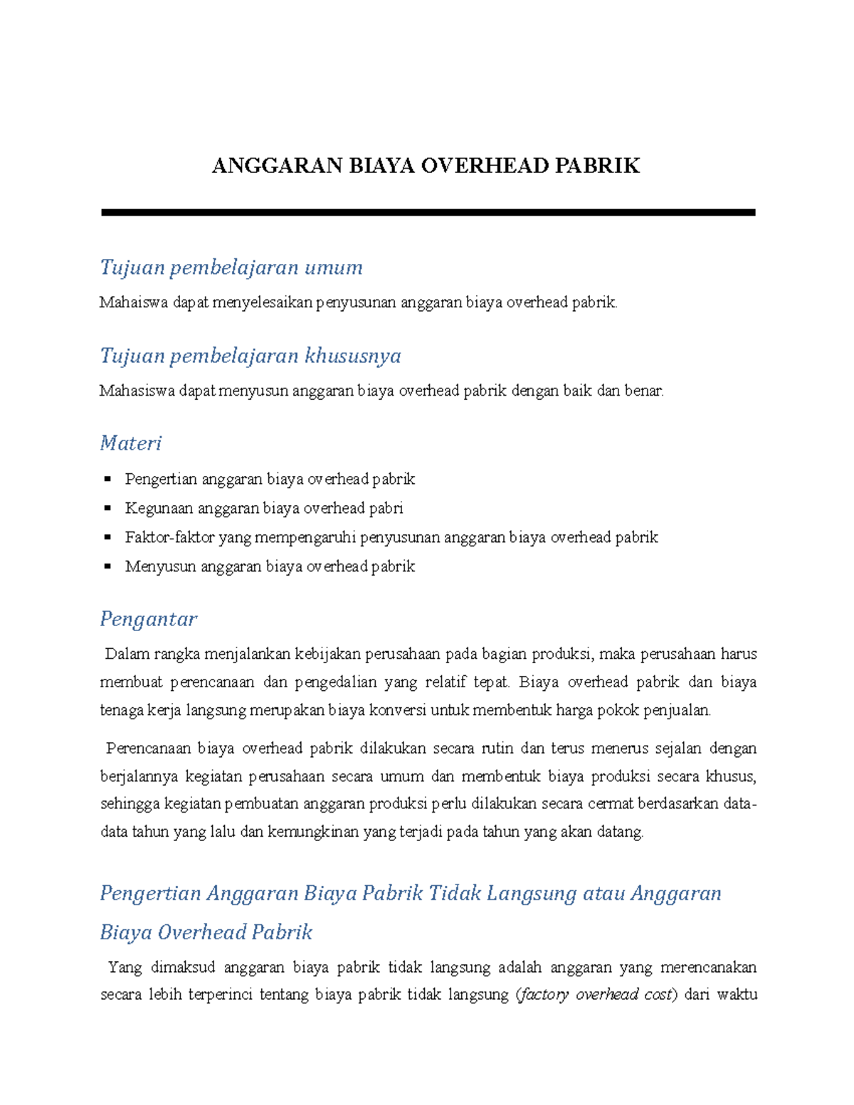 Anggaran Biaya Overhead Pabrik - ANGGARAN BIAYA OVERHEAD PABRIK Tujuan ...