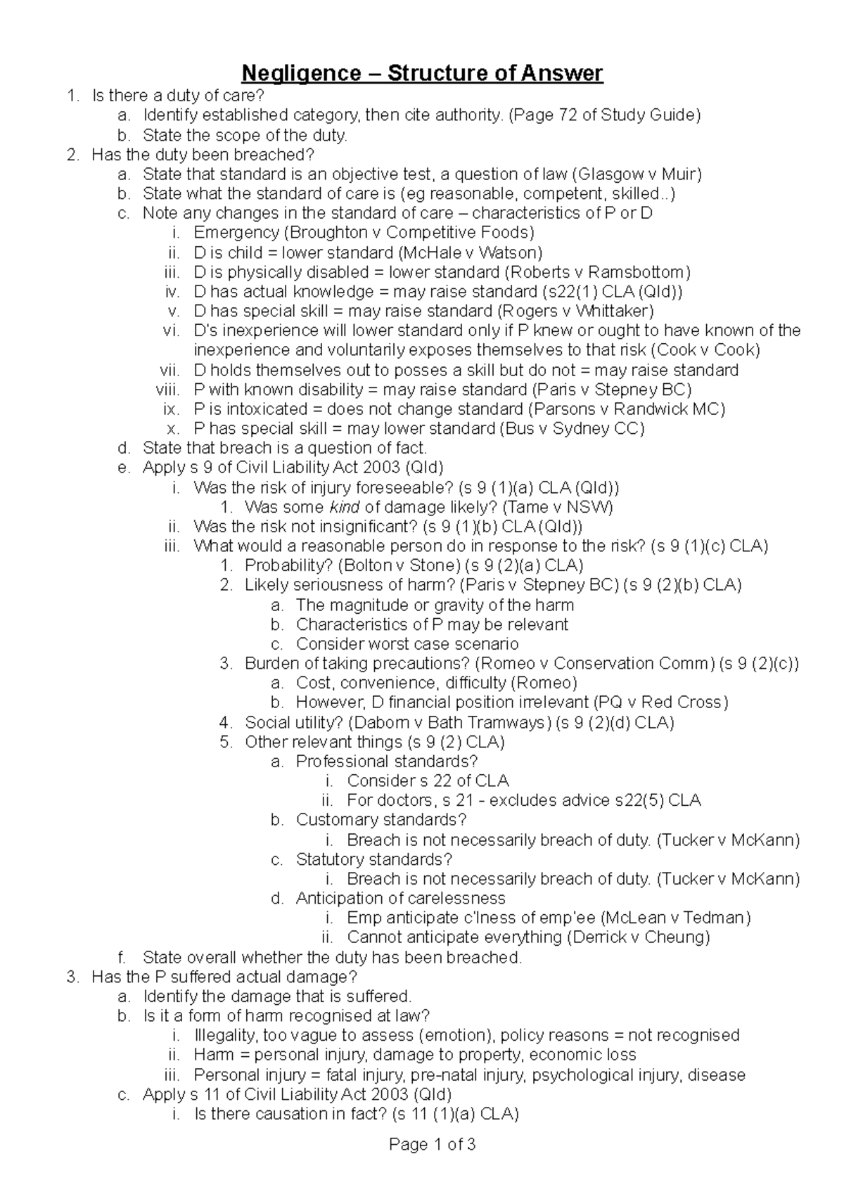 Negligence - Answer Structure - Negligence – Structure of Answer Is ...