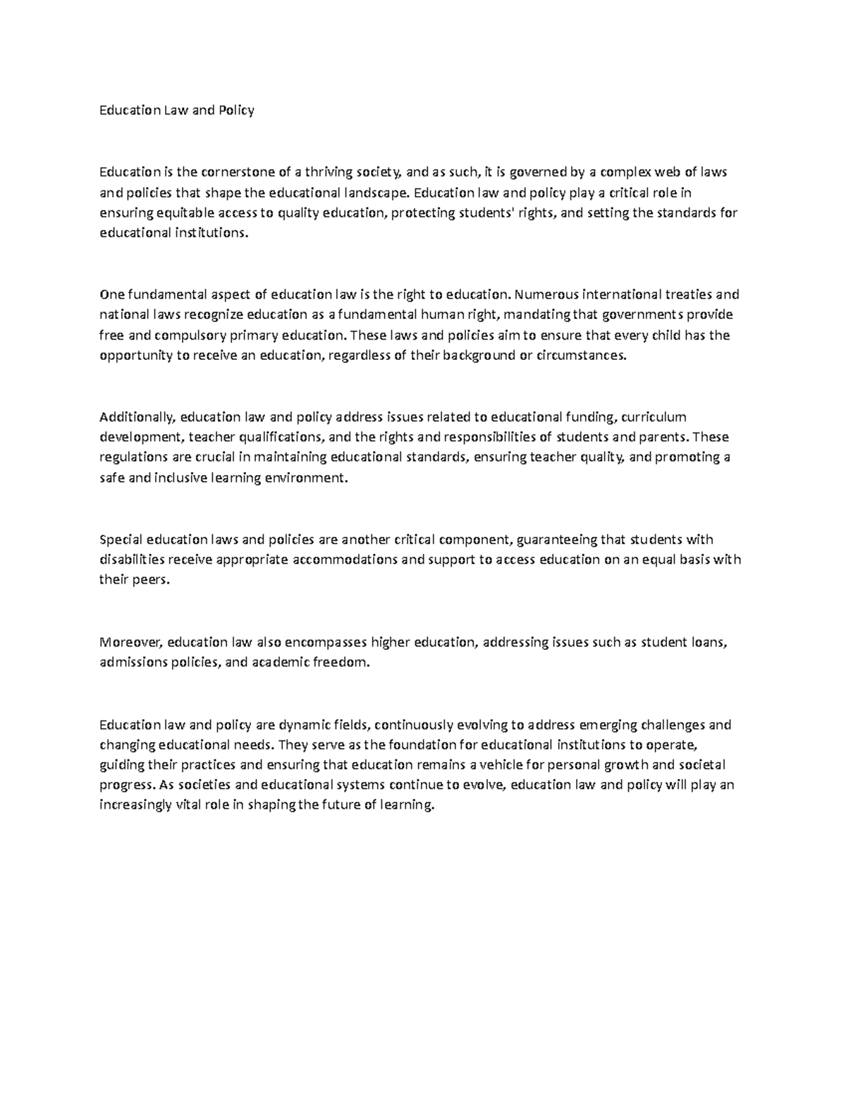 Education Law and Policy Education Law and Policy Education is the