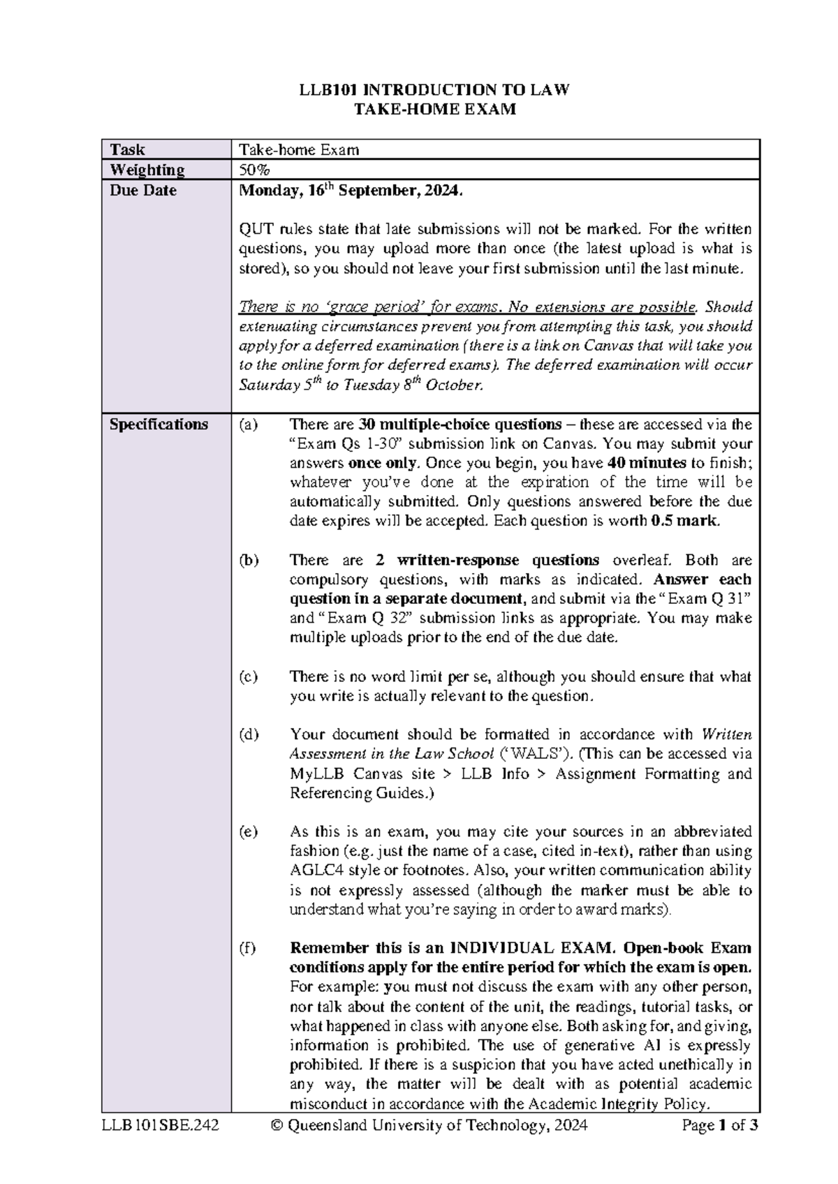 Task Sheet Take Home Exam 2024 2 - LLB101SBE 42 © Queensland University ...