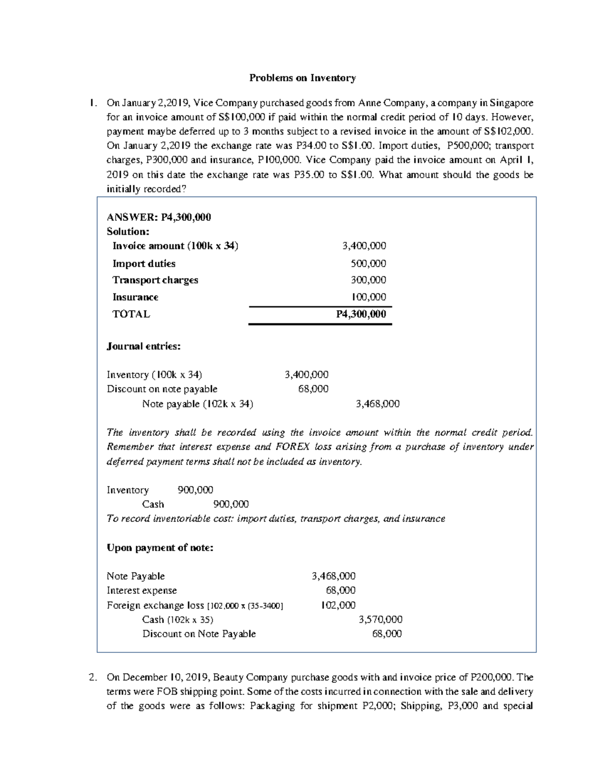Inventory Problems and Theories (Answer Key Problems on Inventory On