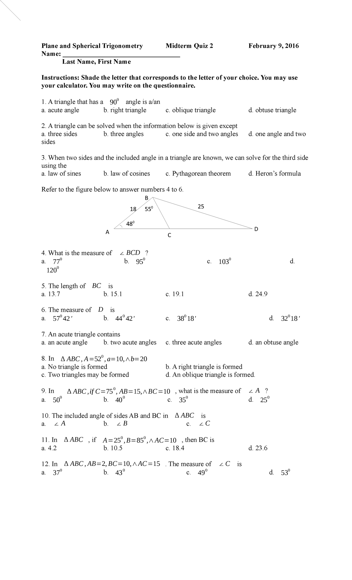 PST Midterm quiz 2 Feb 9 2016 - Plane and Spherical Trigonometry ...