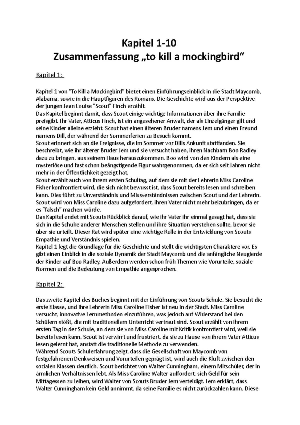 Zusammenfassung To Kill A Mockingbird - Kapitel 1- Zusammenfassung „to