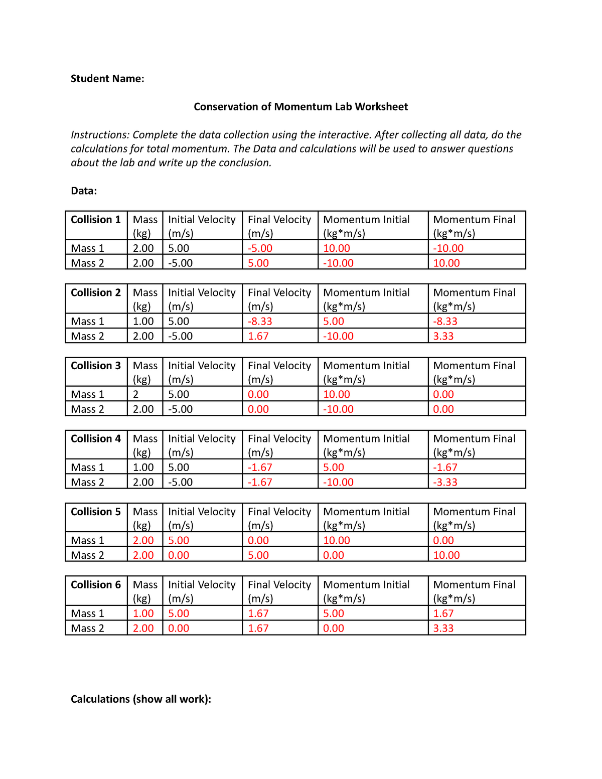 Conservation Of Momentum Analysis Worksheet Answers