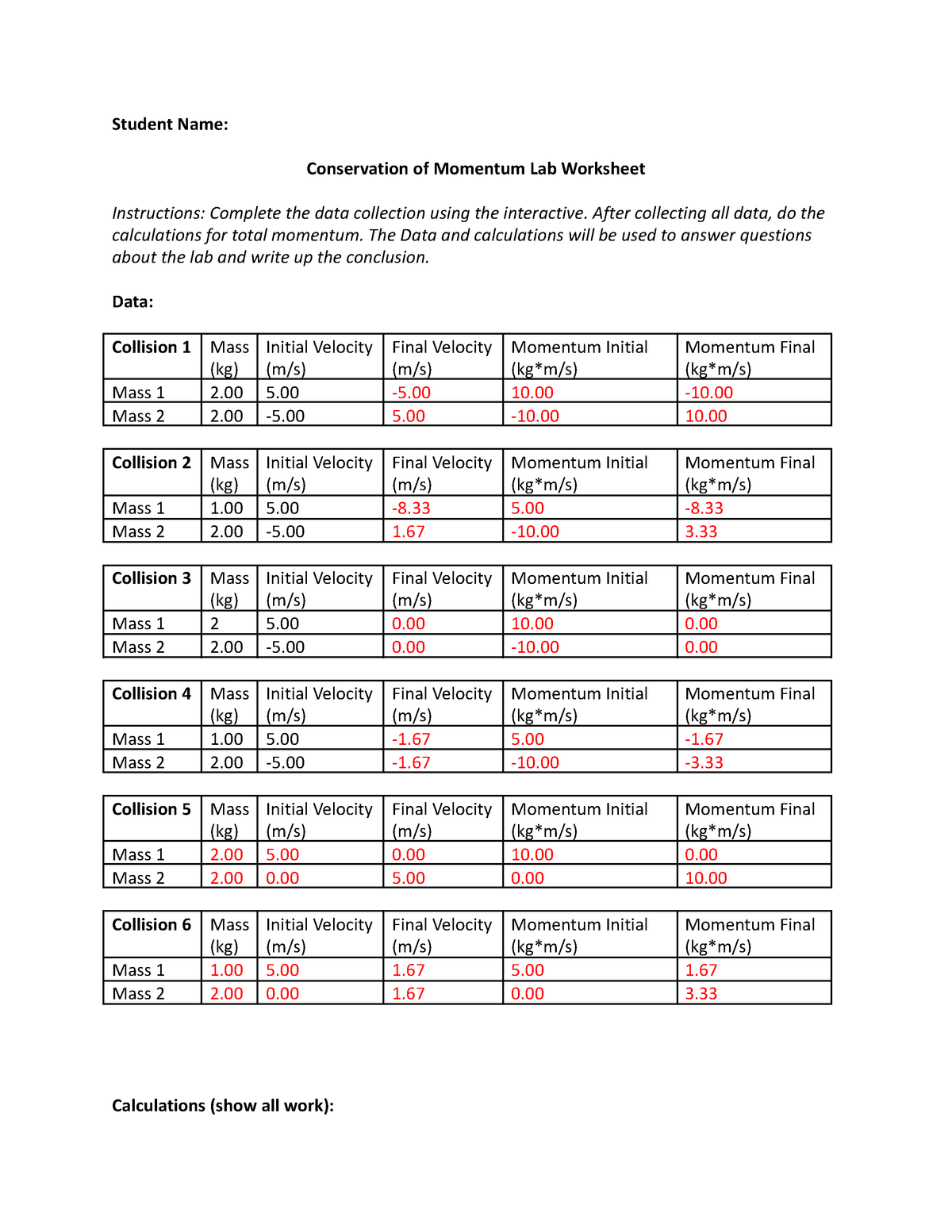 Conservation Of Momentum 03 08 Lab Worksheet Studocu