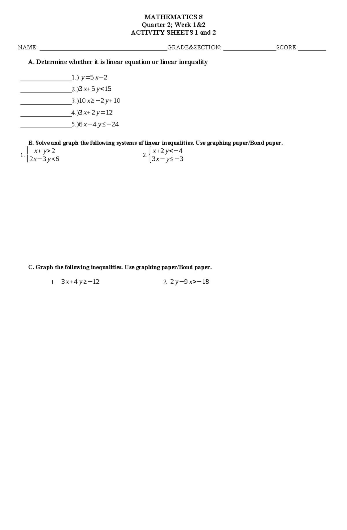 2ND Quarter Activity Sheet 1 AND 2 - MATHEMATICS 8 Quarter 2; Week 1 ...