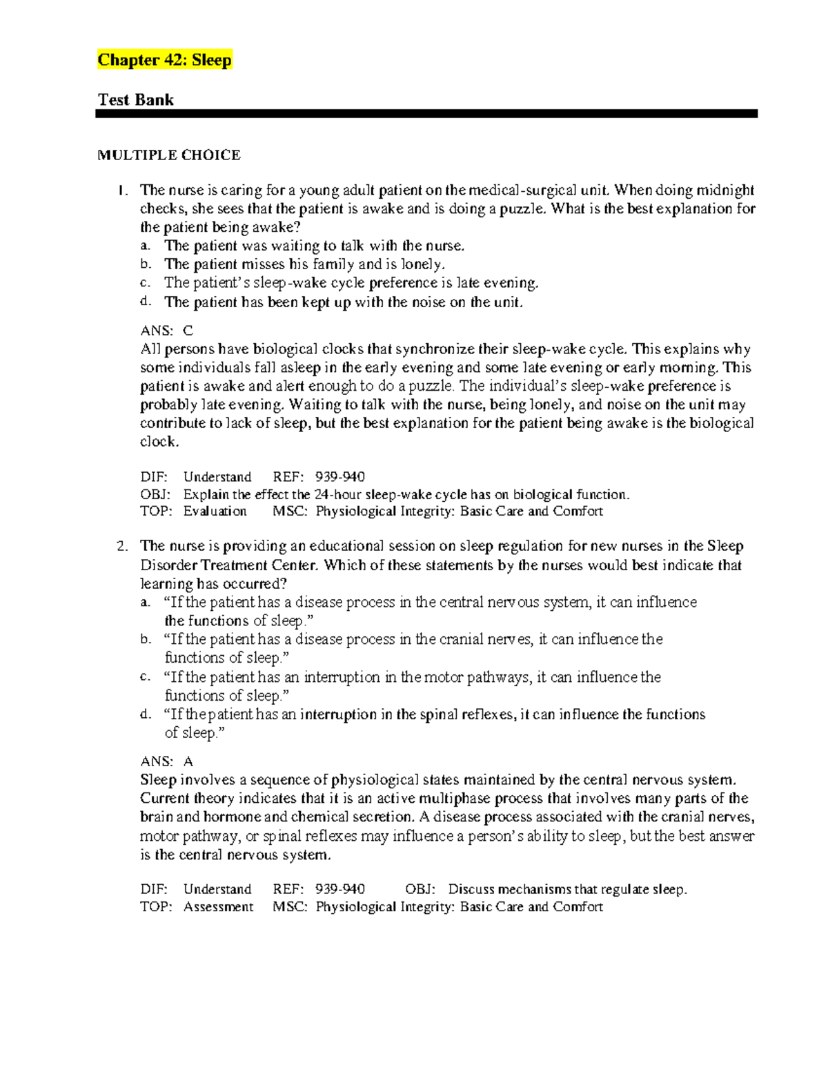 NUR1021 1211c Chapter 42 Test Bank Questions And Answers ( Complete ...