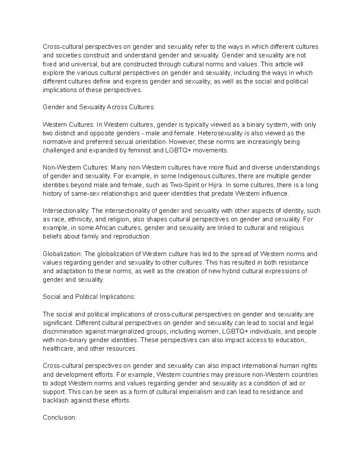 Crosscultural perspectives on gender and sexuality Gender and