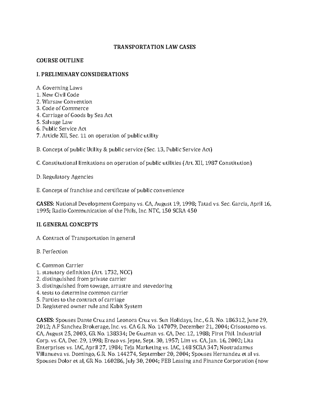 Transportation LAW Cases jurisprudence on common carriers Juris