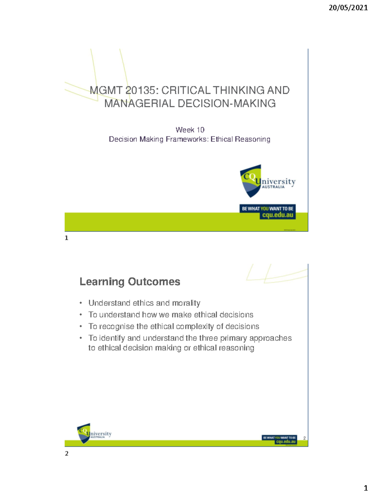 Lecture - Week 10 - practice materials - MGMT 20135: CRITICAL THINKING ...