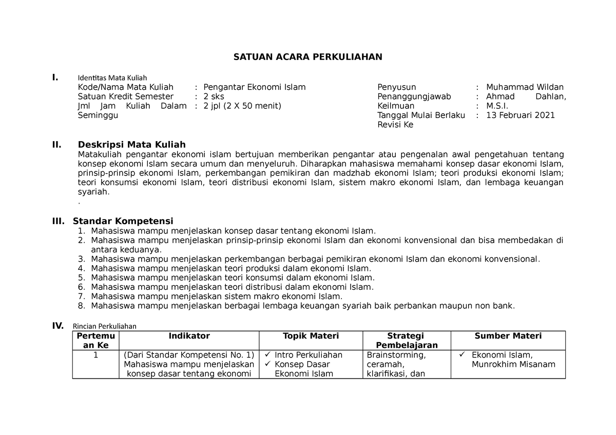 RPS Pengantar Ekonomi Islam 2021 - SATUAN ACARA PERKULIAHAN I ...