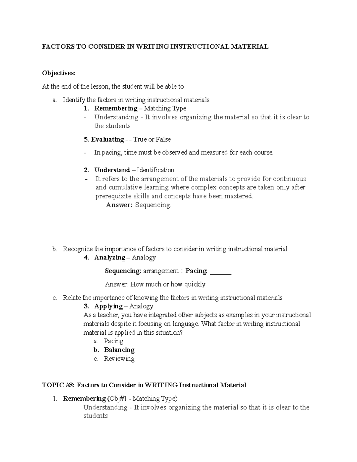 Factors TO Consider IN Writing Instructional Material FACTORS TO