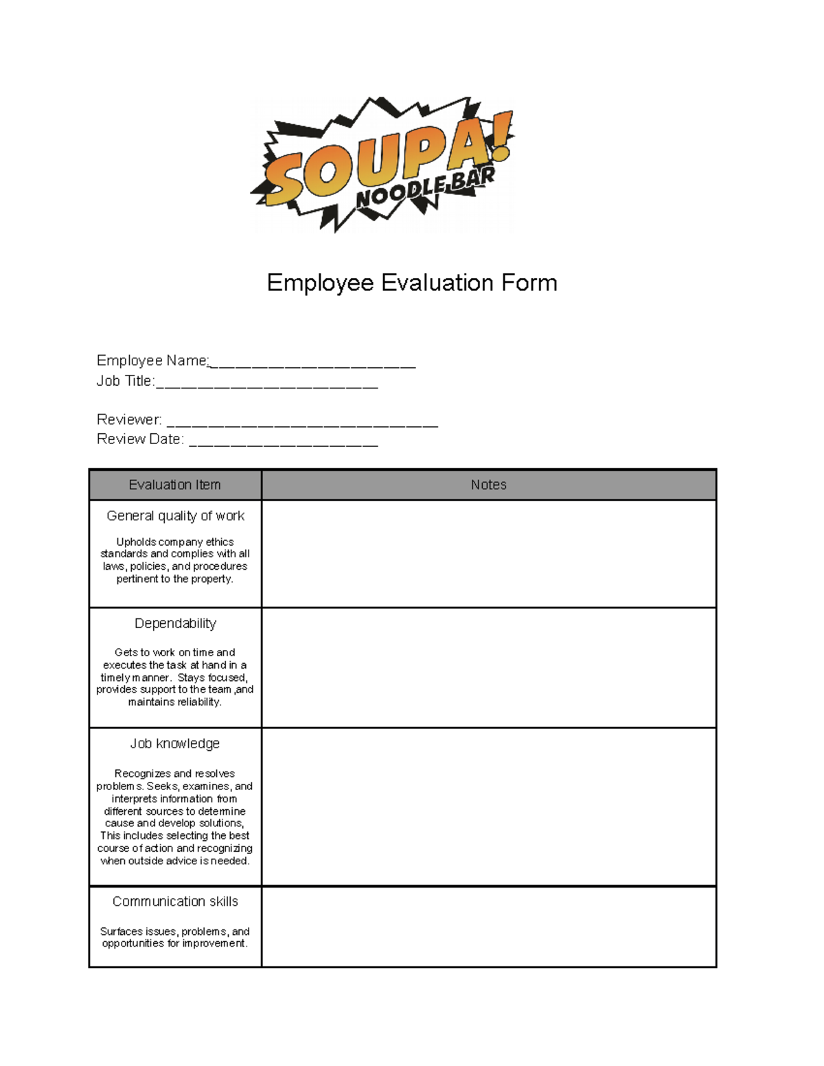 Evaluation Form (Template) - Employee Evaluation Form Employee Name