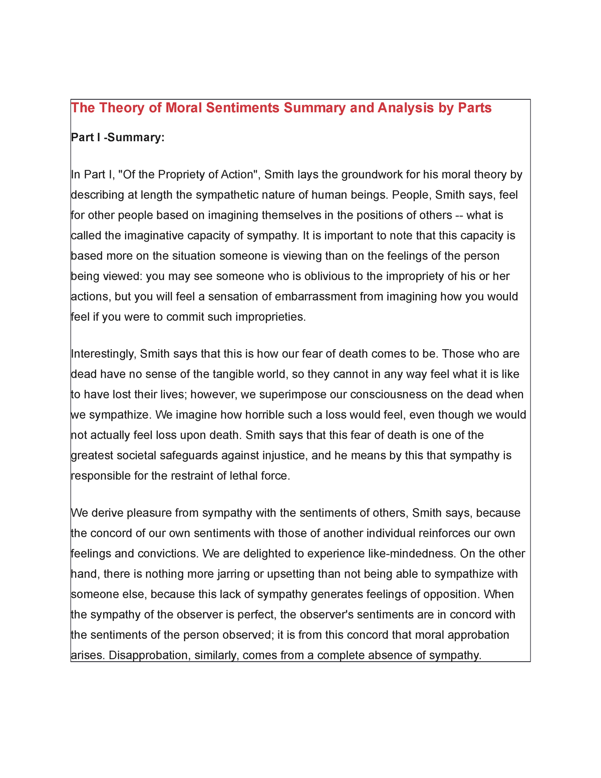 The Theory Of Moral Sentiments Summary And Analysis By Parts The