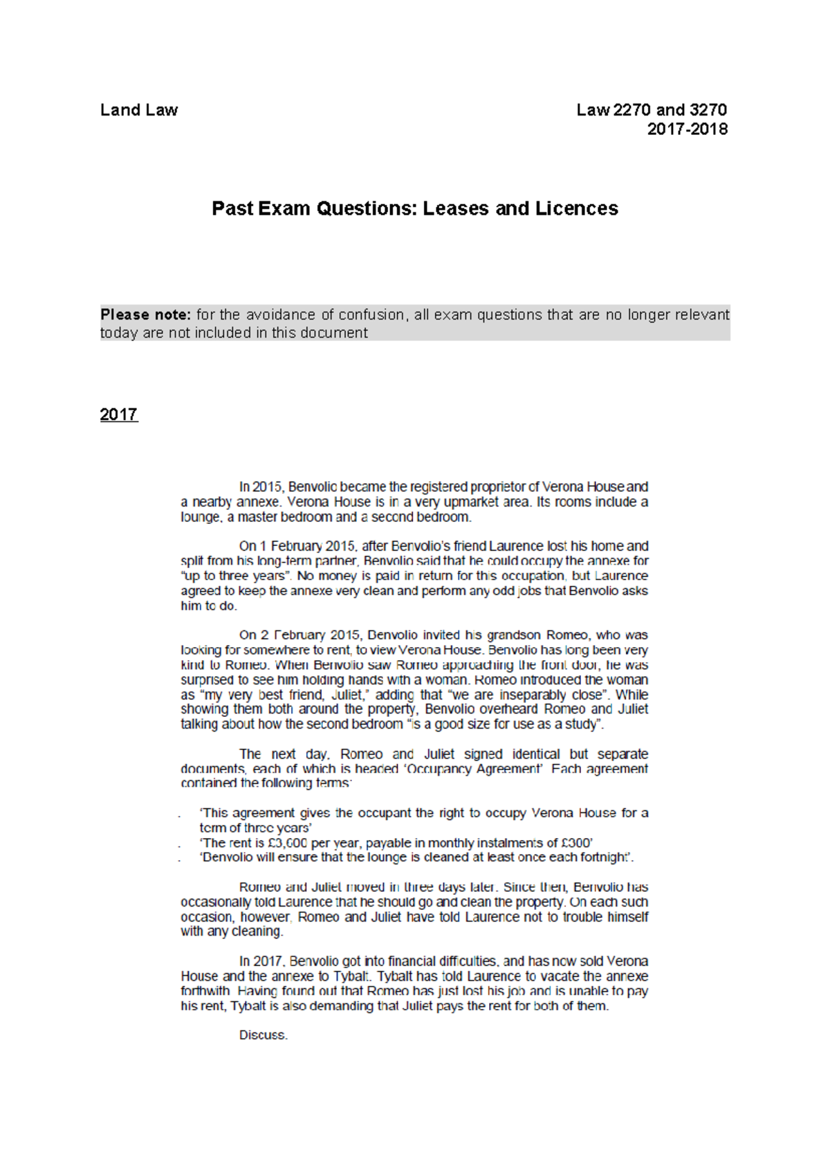 Land Law Leases and Licenses Land Law Law 2270 and 3270 2017 Past