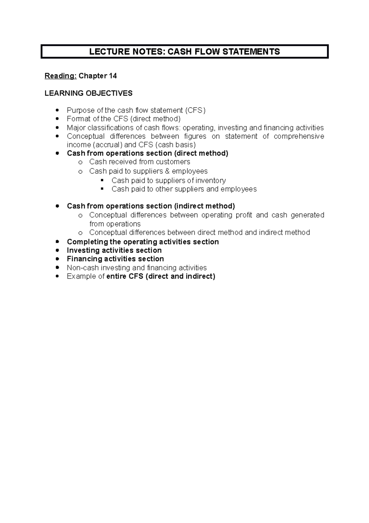 Chapter 14 lecture note 1 - LECTURE NOTES: CASH FLOW STATEMENTS Reading ...