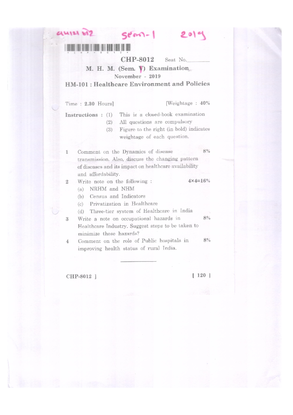 MHM-1 2019 - University Paper - management - Studocu