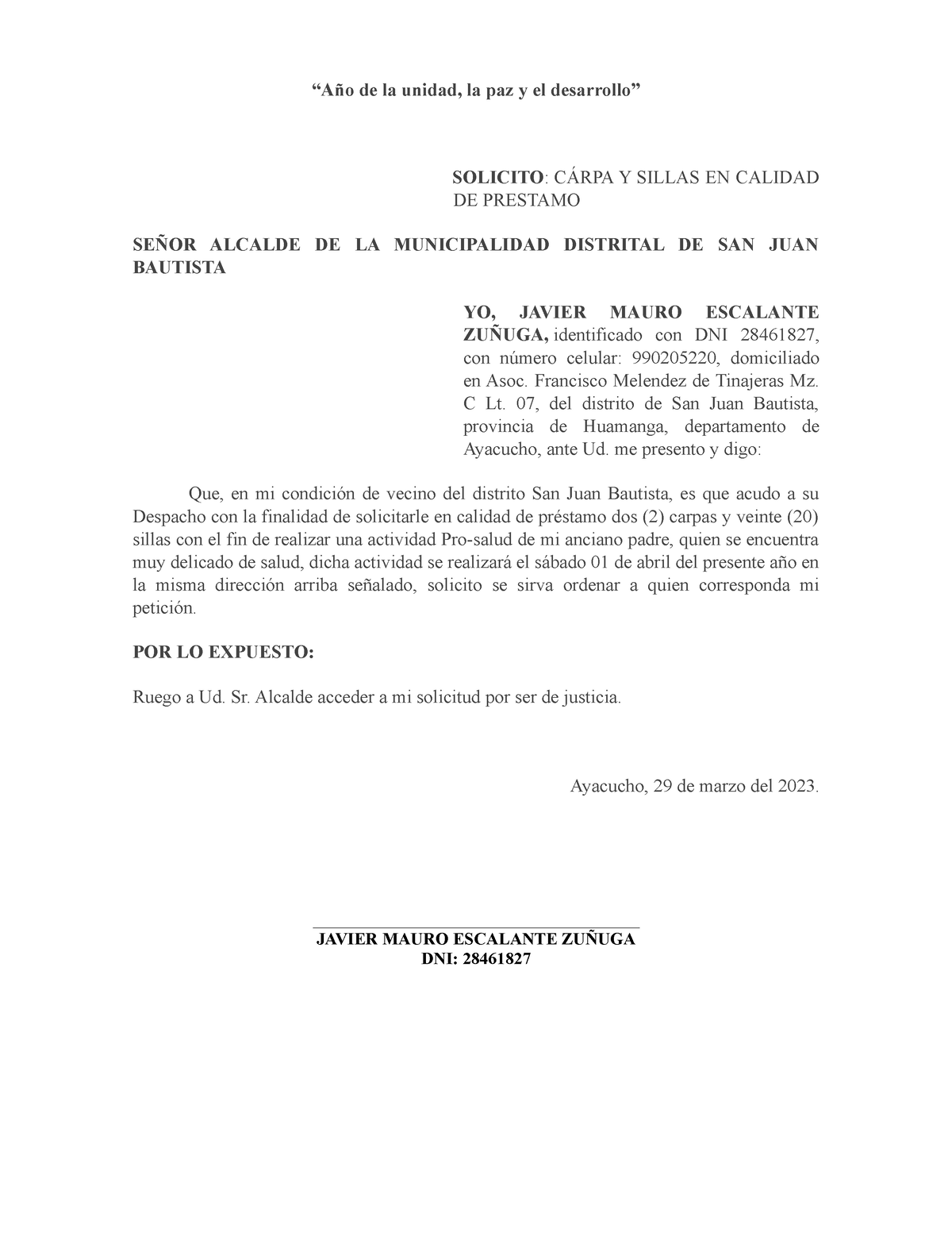 Solicito Carpa Municipalidad - “Año De La Unidad, La Paz Y El ...