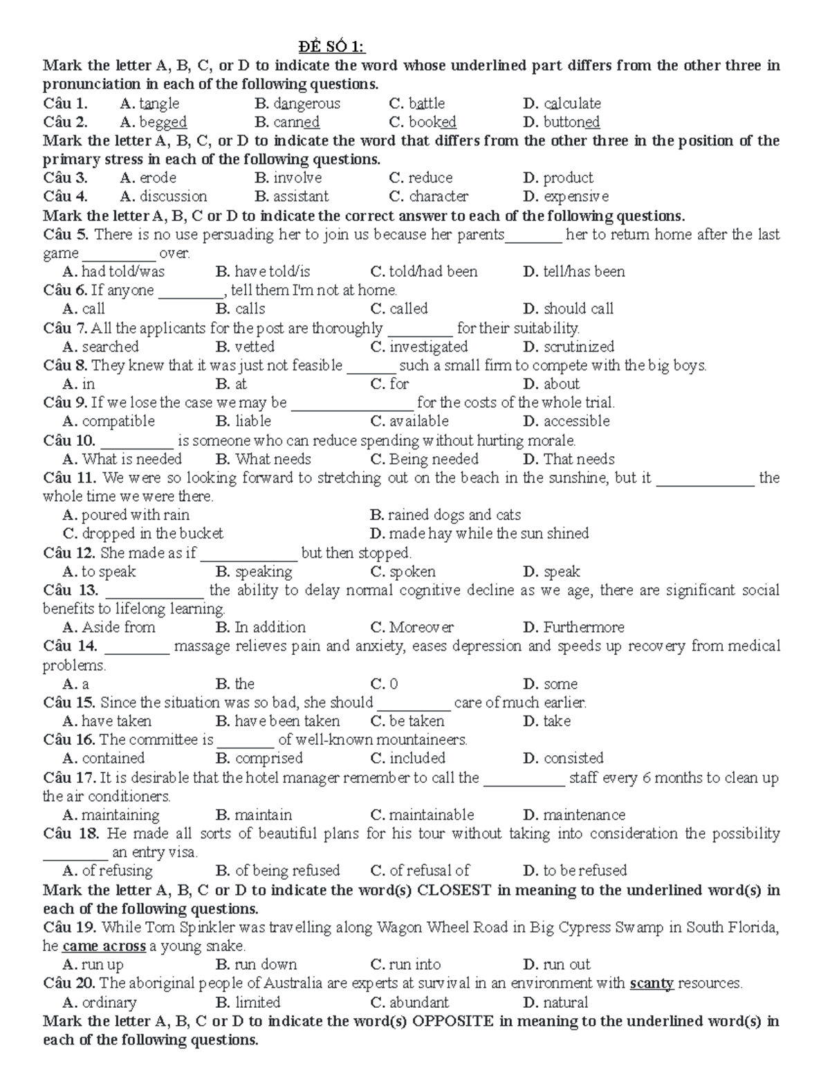 đề Thi Thpt - Đề Thi ĐH Môn Tiếng Anh - ĐỀ SỐ 1: Mark The Letter A, B ...