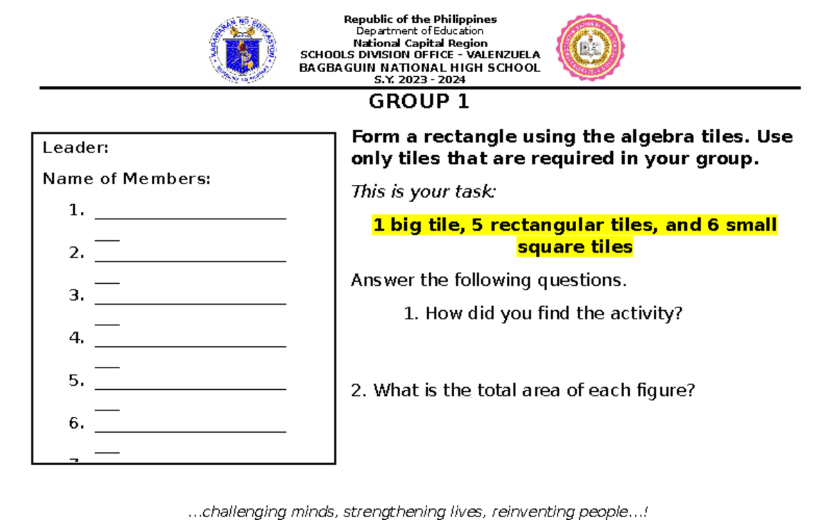 Activity Algebra Tiles - Department of Education National Capital ...