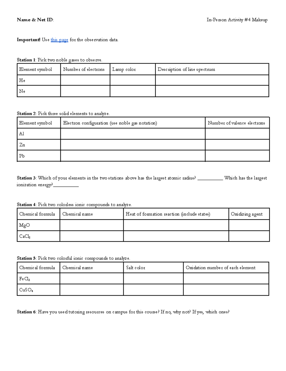 CHEM 1341 In-Person Activity 4 Makeup - Name & Net ID: In-Person ...
