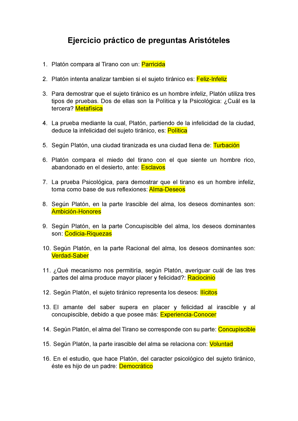 Examen De Filo - Ejercicio Práctico De Preguntas Aristóteles Platón ...