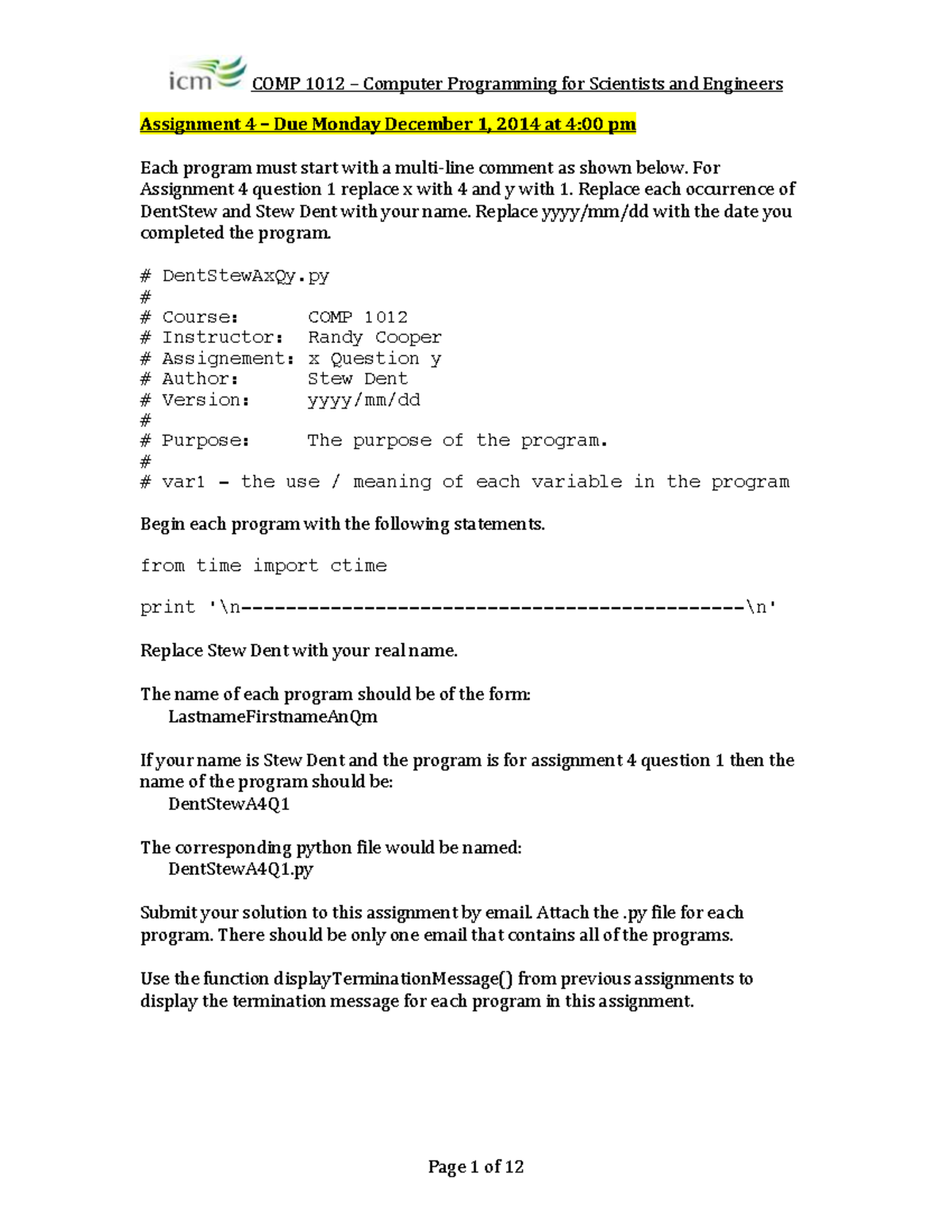 Seminar assignments - assignment 4 with solutions - COMP 1012 Computer ...