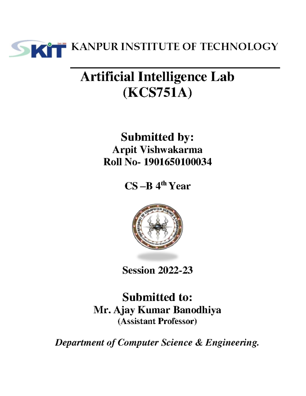 ai lab file for cse - KANPUR INSTITUTE OF TECHNOLOGY Artificial ...