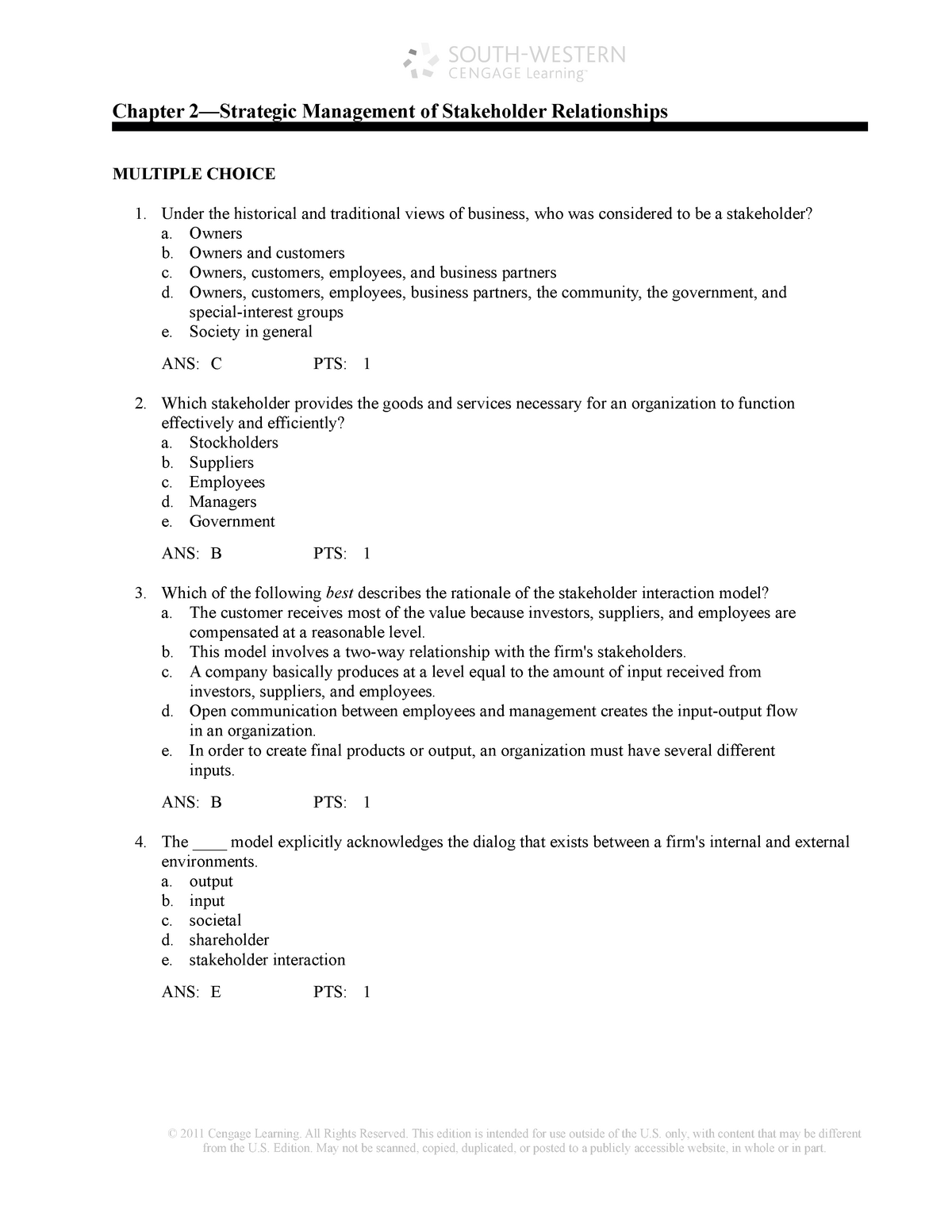 Test Bank 2 in CSR - Chapter 2—Strategic Management of Stakeholder 