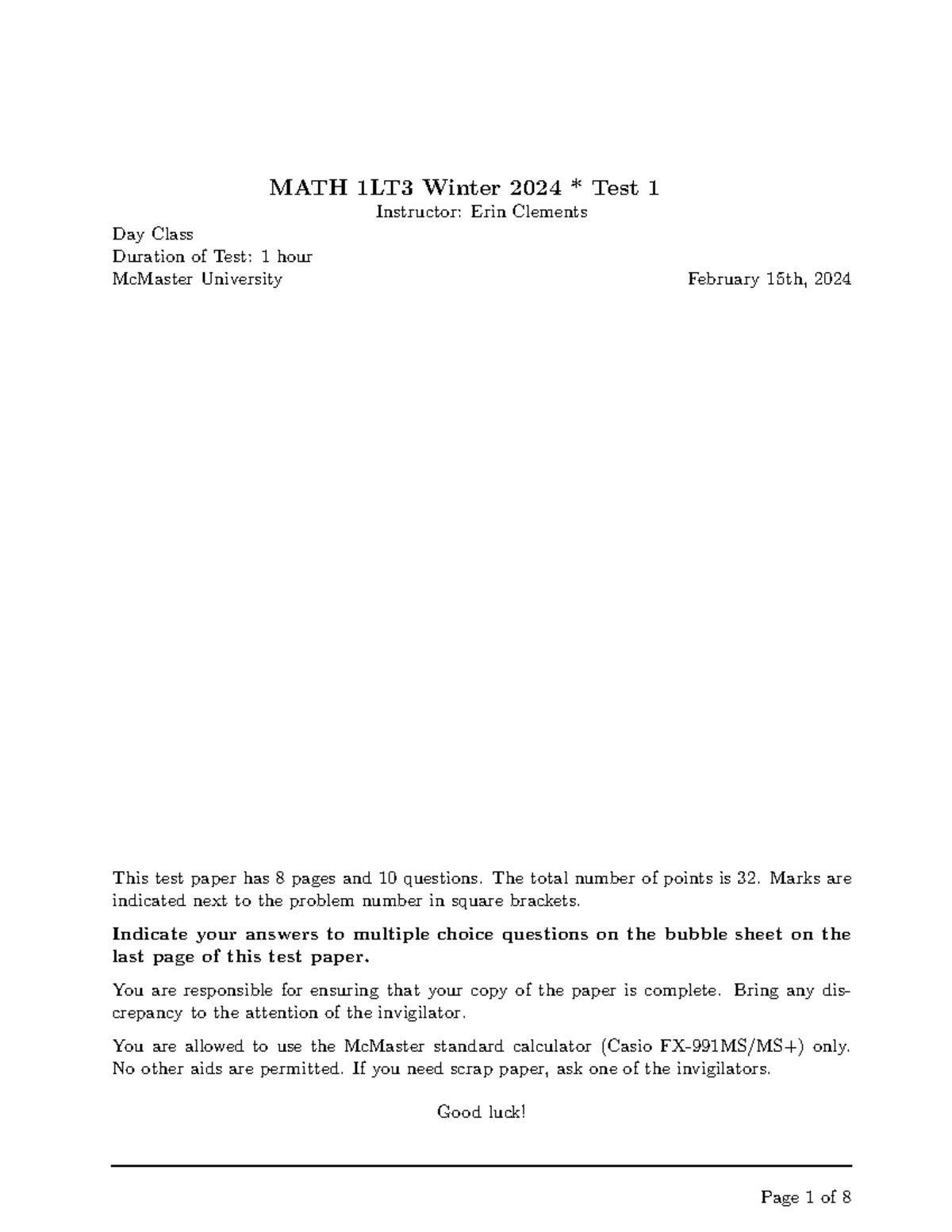 1LT3 T1 w2024 CM - MATH 1LT3 Winter 2024 * Test 1 Instructor: Erin ...