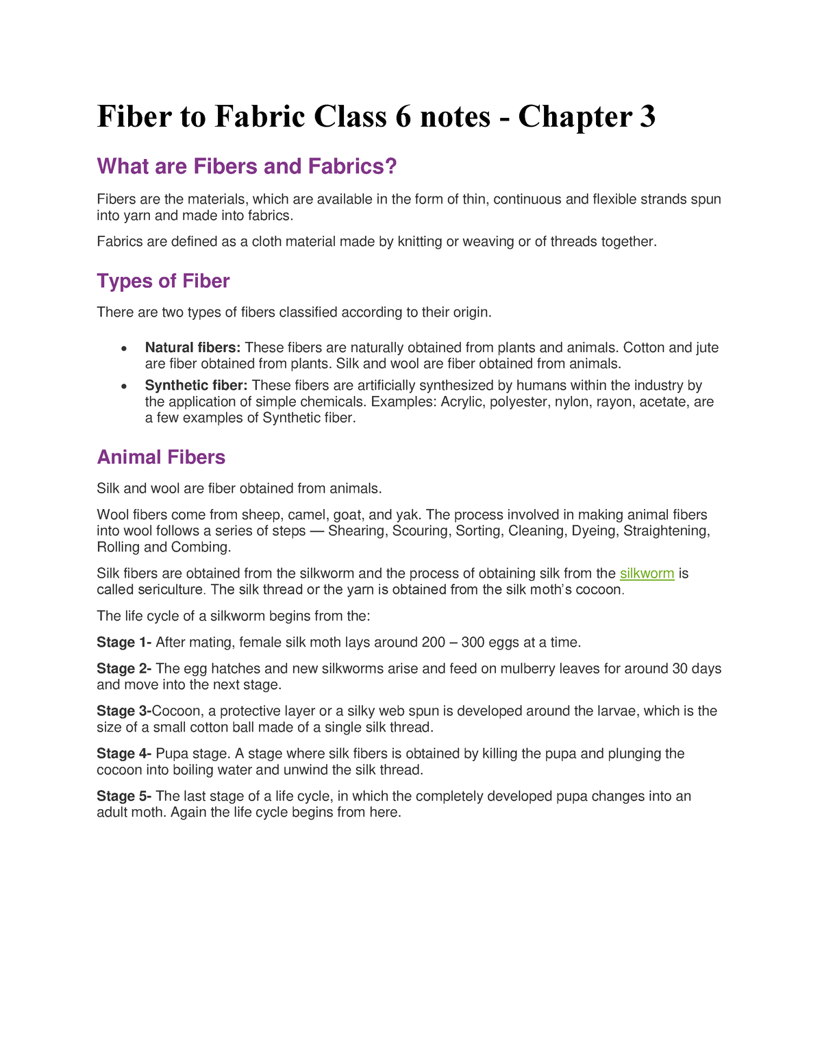 Fiber to Fabric Class 6 notes - Fiber to Fabric Class 6 notes - Chapter 3  What are Fibers and - Studocu