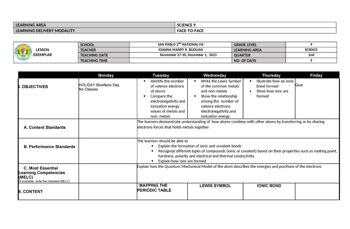 Week 4 - none - LEARNING AREA SCIENCE 9 LEARNING DELIVERY MODALITY FACE ...