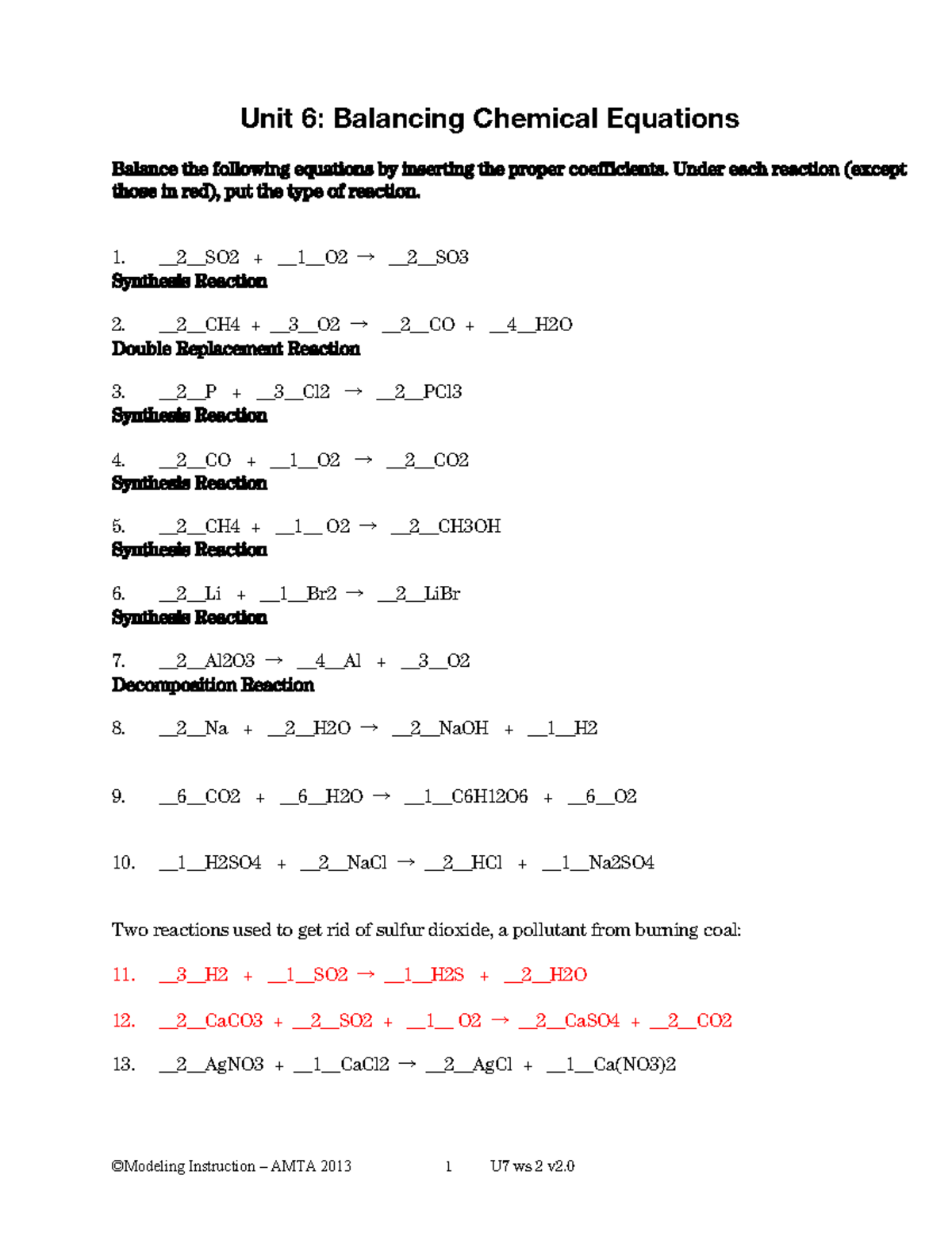 Balancing equations 2 - Unit 6: Balancing Chemical Equations Balance the  following equations by - Studocu