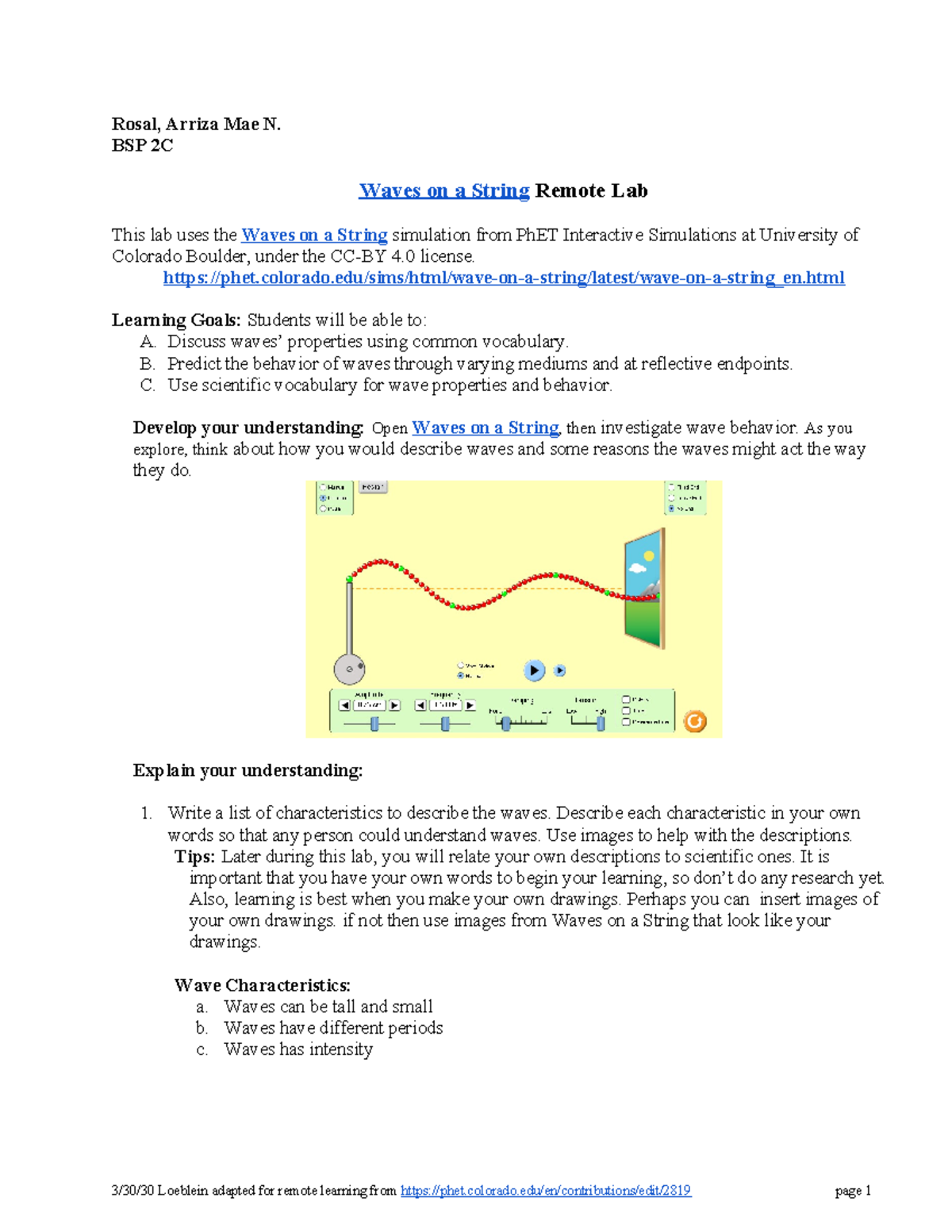 Waves on a String Remote Lab - Rosal, Arriza Mae N. BSP 2C Waves on a ...